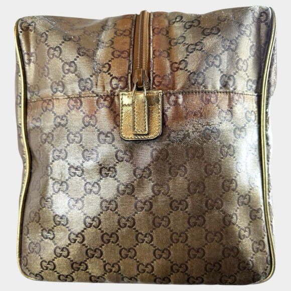 Authentic Gucci GG Boston Bag Canvas Holdall Bag, Gold Web Straps Travel Bag - Picture 8 of 13